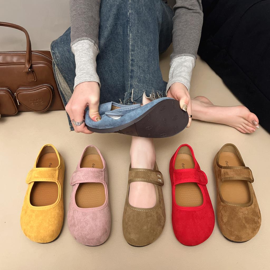 Leather Retro Women's Spring and Summer New Flat-bottomed Versatile Single Shoes Velcro Mary Jane Shoes Doudou Shoes