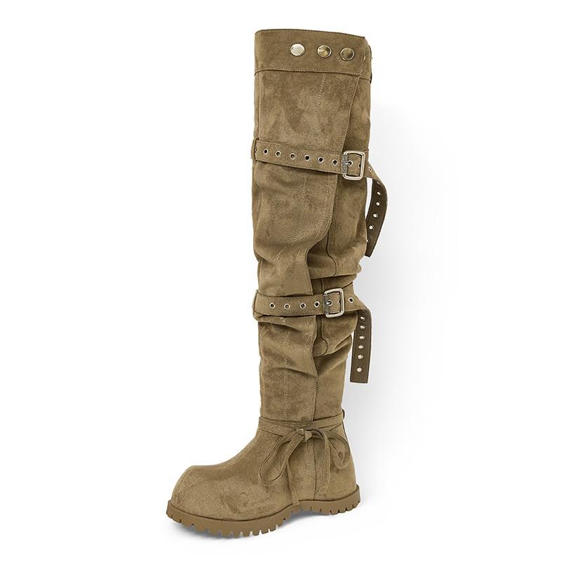 Womens Knee-High Chunky Heel Boots Round Toe Wide Calf Over-the-Knee Fashion Winter