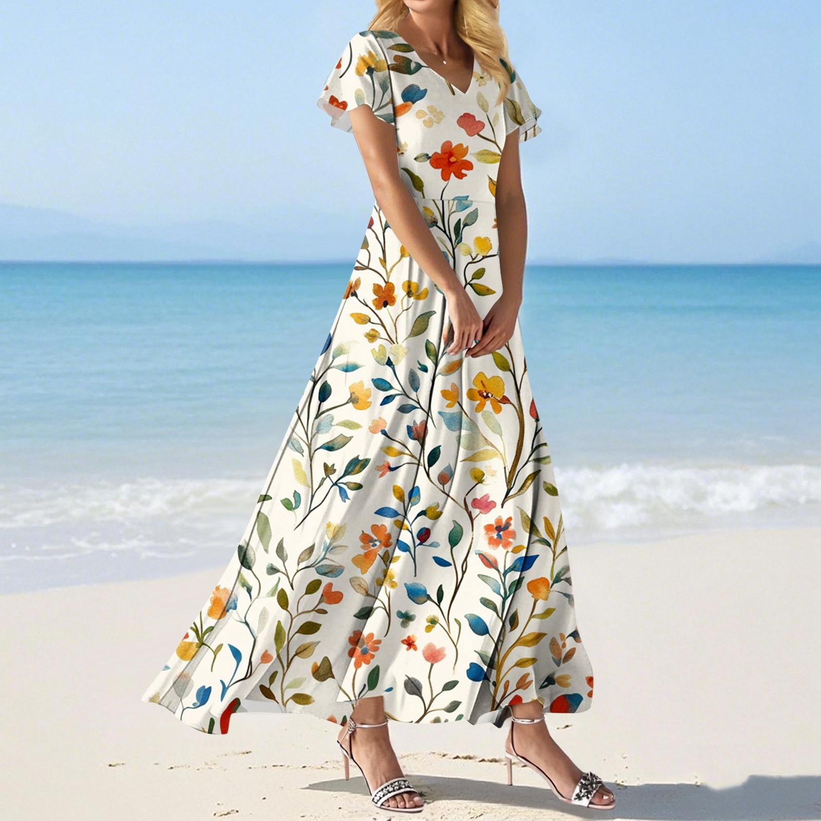 

Жіноча вільна повсякденна сукня з V-подібним вирізом, короткими рукавами та високою талією, принтована S