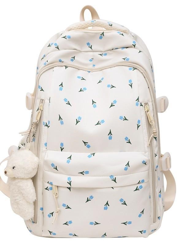 Stilfull Blomstret Ryggsekk For Jenter Nylon Skoleveske Med 14-tommers Laptop-oppbevaring