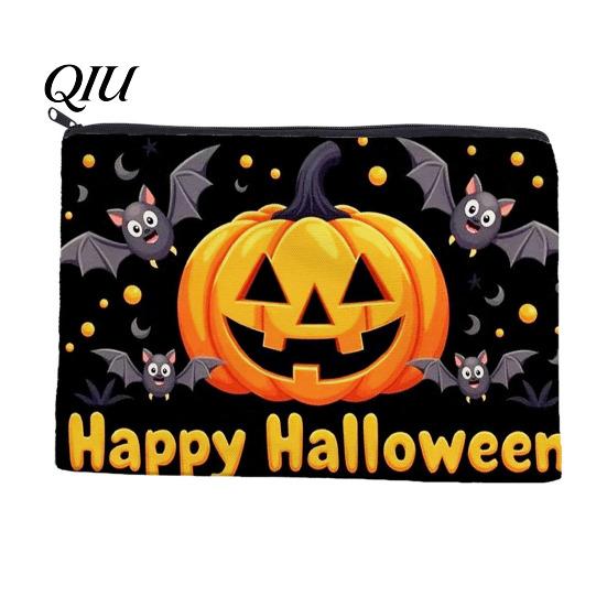 Festive Pumpkin Print Bag Halloween Storage Bag, with Ghost Pattern Design, Thickened Pencil Case Canvas Cosmetic Organizer, for Travel Stationery