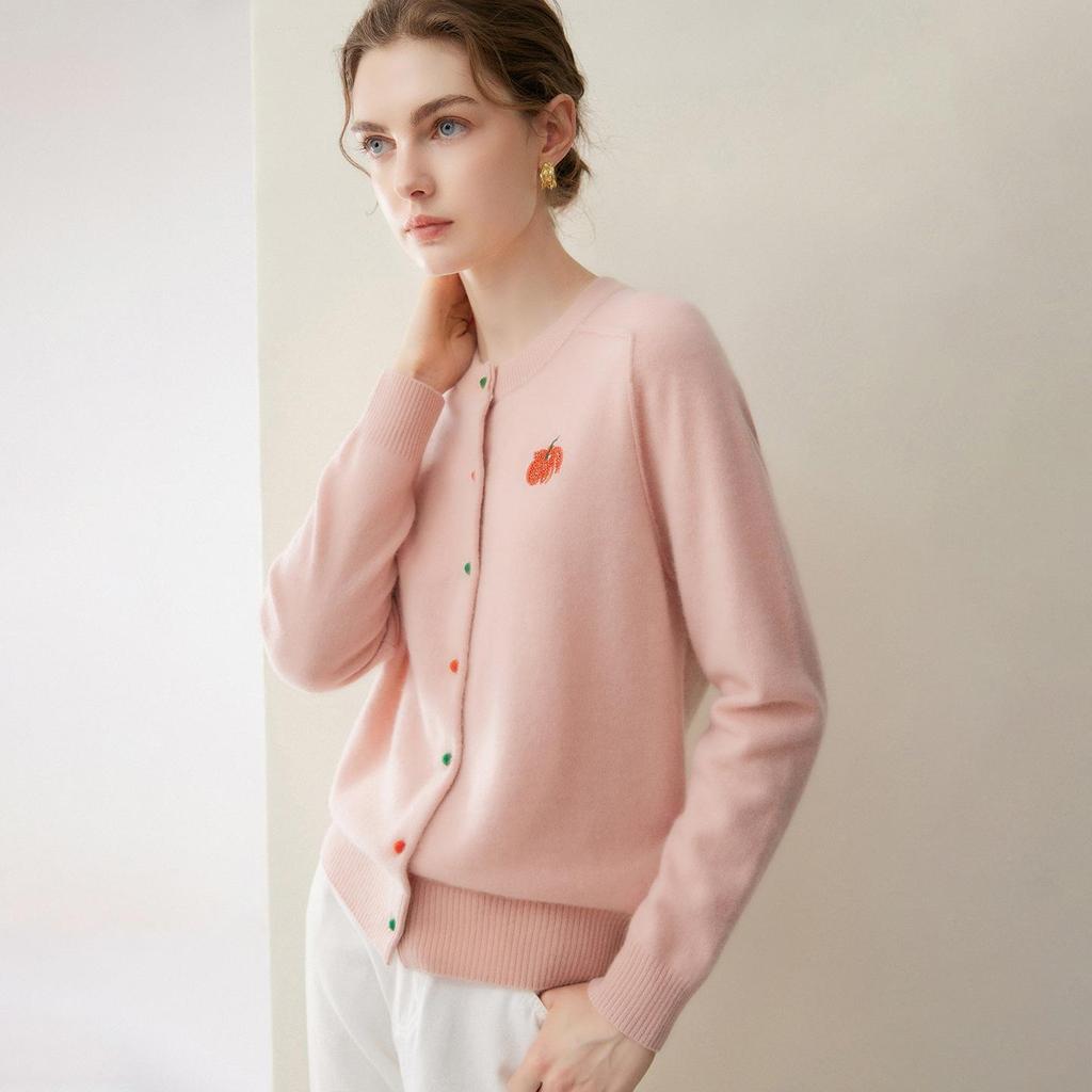Women's 100% Pure Cashmere Cardigan with Colored Buttons, Round Neck, and Fruit Embroidery.