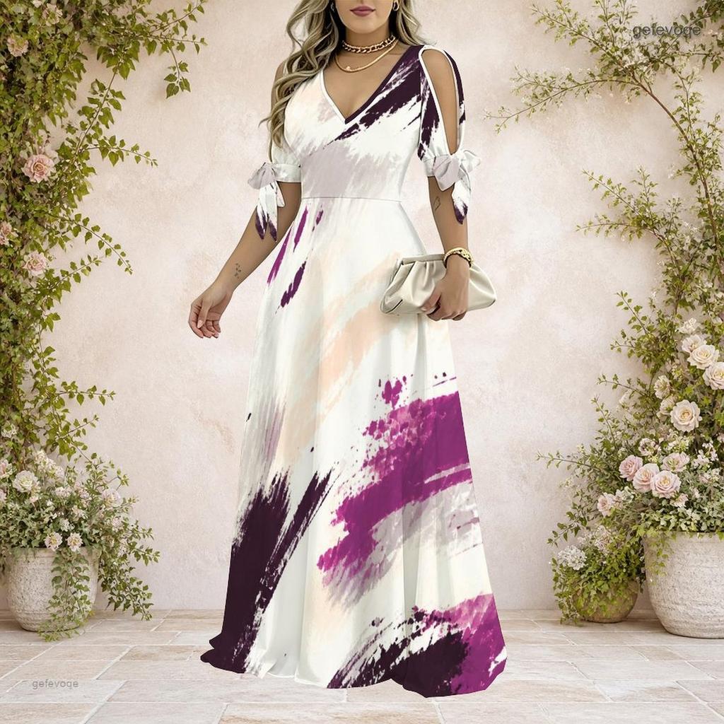 Women Plus Size Cold Shoulder V Neck Tie Cuff Short Sleeve Swirl Printed A Line Long Dress