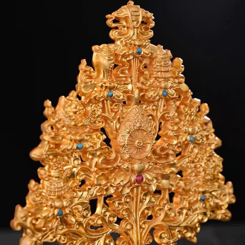 Tibetan Pagoda Trees Alloy,Tantric Golden Eight Auspicious Trees Buddhism Handicraft , Nepal Altars Desktop Decorative, 20 Cm