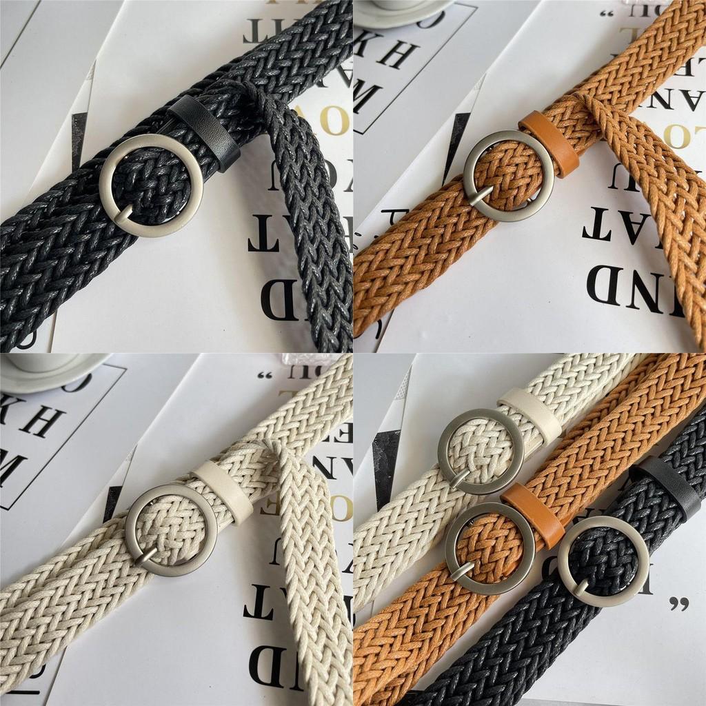 Womens Woven Modern Belt In Black Camel And Beige With Round Buckle For Everyday Wear