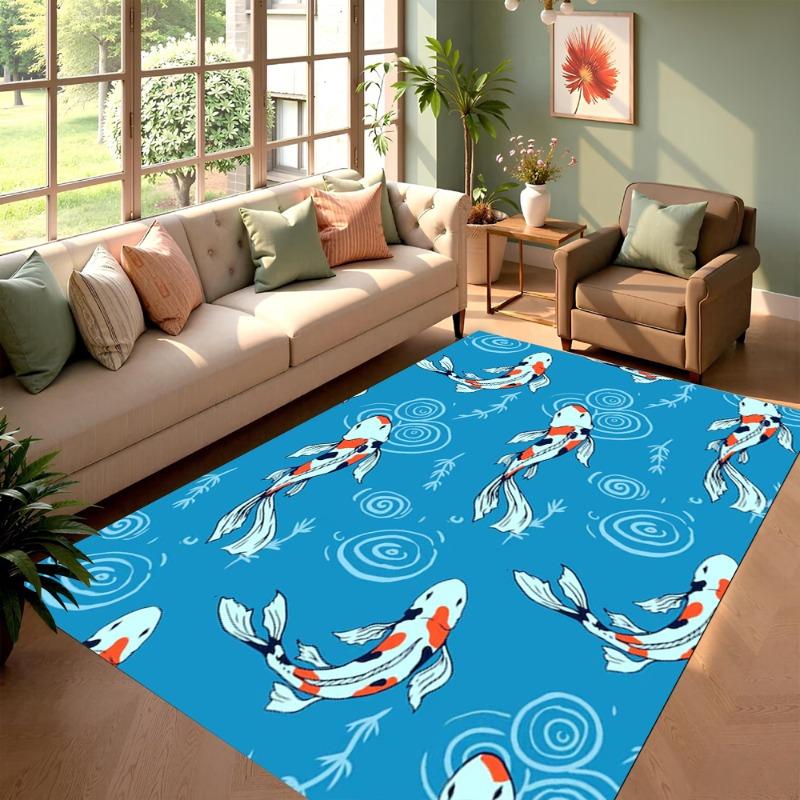 Illustrations Style Area Rug Koi Fish Lotus Pond Design Home Decor Carpet Soft Non-Slip Floor Mat for Living Room Bedroom