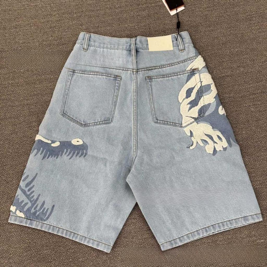 RogueWave Krokodillebroderi Denimshorts Høy midje Løse Knelengde Bukser Amerikansk Streetwear Jeans