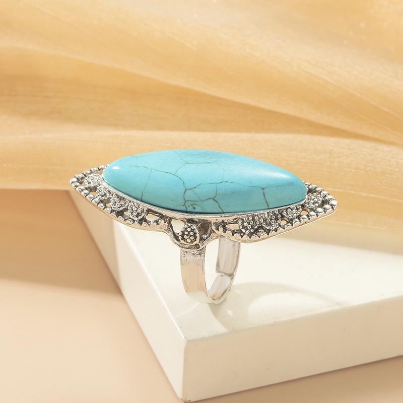 Turquoise Inlaid Bohemian Geometric Ring - Trendy Ethnic Style Jewelry