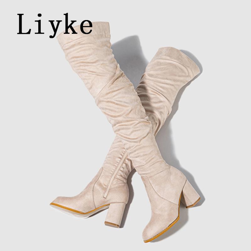 Fashion Liyke 2025 New Fashion Round Toe Zip Thigh High Boots Women Autumn Winter Chunky Heels Motorcycle Over The Knee Shoe Botas Mujer