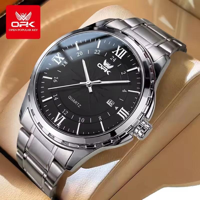 OPK Men's Simple Quartz Watch 40mm Stainless Steel Case 9mm Steel Band Calendar Waterproof Luminous Features-Model 6003