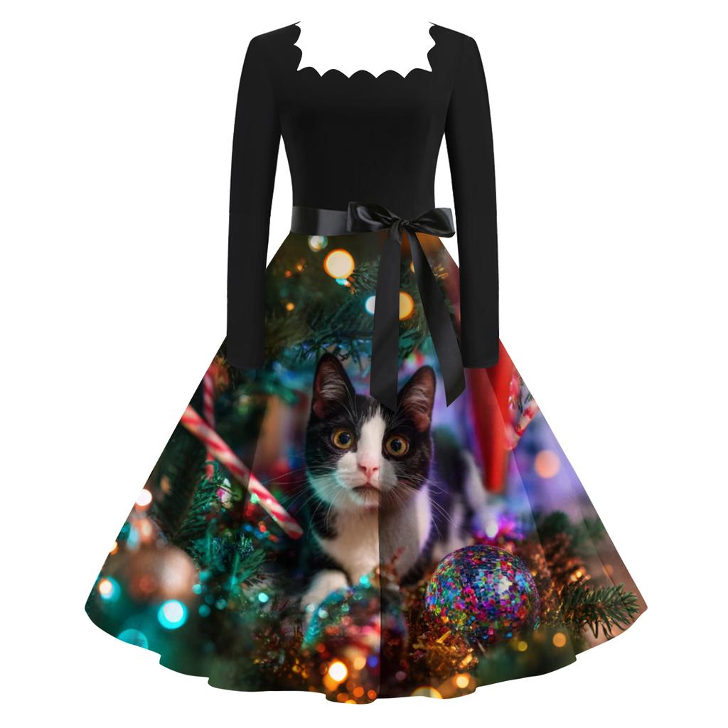 Women's Fashion Retro Long-sleeved Square Collar Christmas Printed Evening Dress