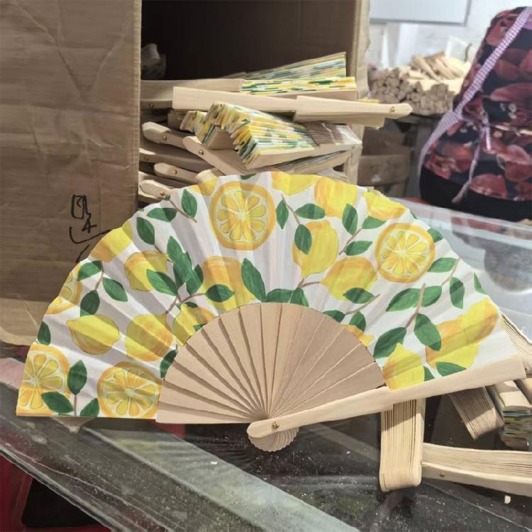 7Inch Lemon Cherries Pattern Wood Folding Hand Fan Portable for Dance Event and As Home Art Decoration Spanish Design