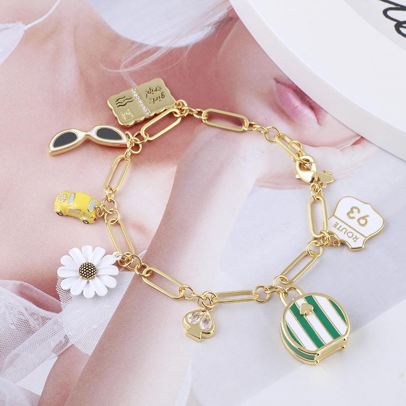 

European And American Enamel Glaze Daisy Car Handbag Glasses Three-Dimensional Love Metal Plate Multi-Drop Bracelet Bracelet
