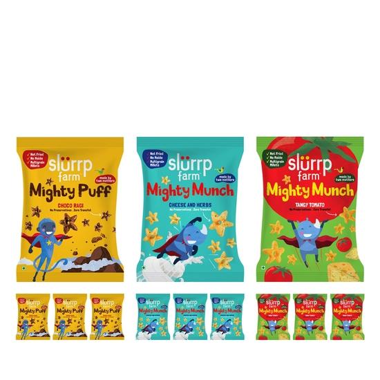 

Slurrp Farm Healthy Snacks for Kids | Mighty Puff Choco Ragi, Cheese & Herbs and Tangy Tomato| Not Fried, No Maida| 12 x 20g packs 240GM