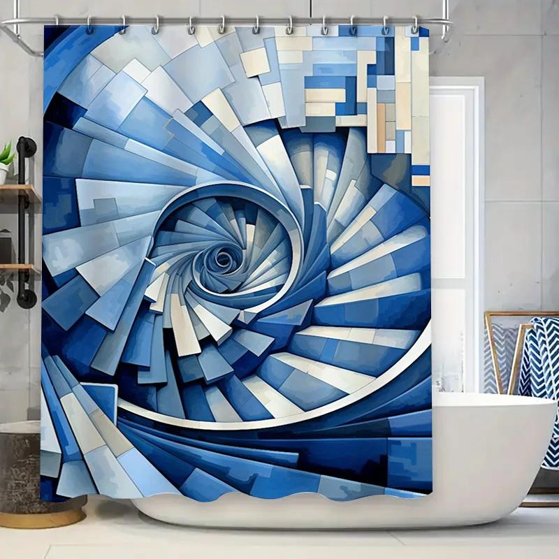 Blue Geometric Spiral Waterproof Shower Curtain - Modern Art Design For Bathroom Decor, Perfect For A Stylish And Unique Look