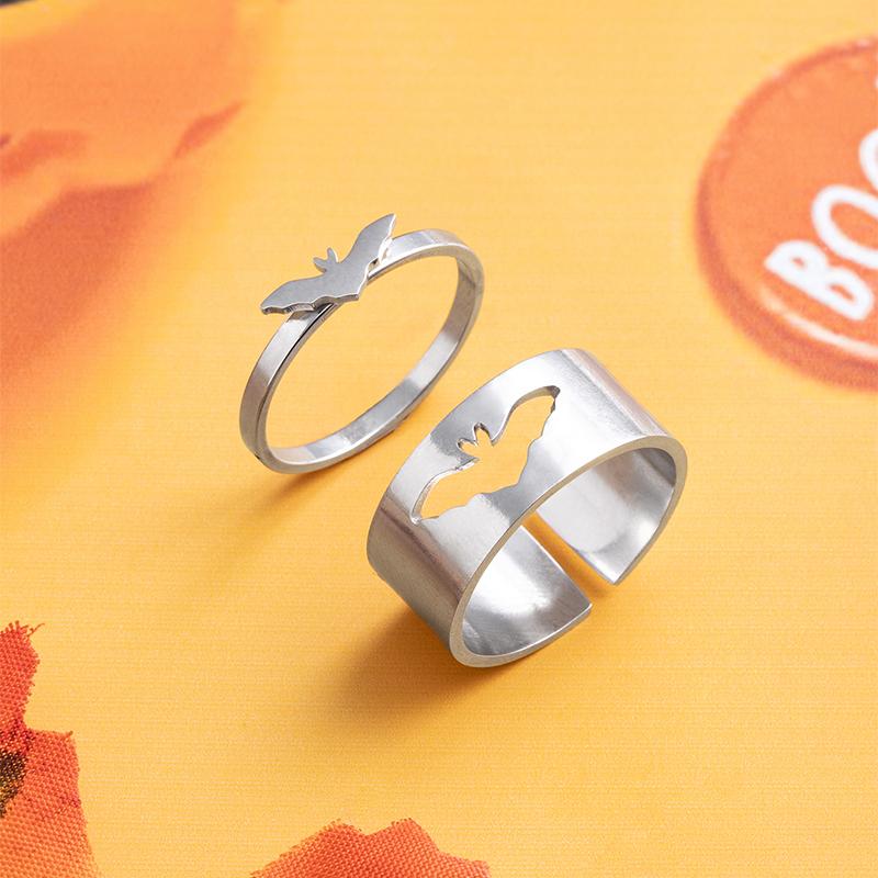 2 Pcs/Set Punk Bat Matching Rings Black Silver Plated Stainless Steel Couple Ring Halloween Jewelry Gifts
