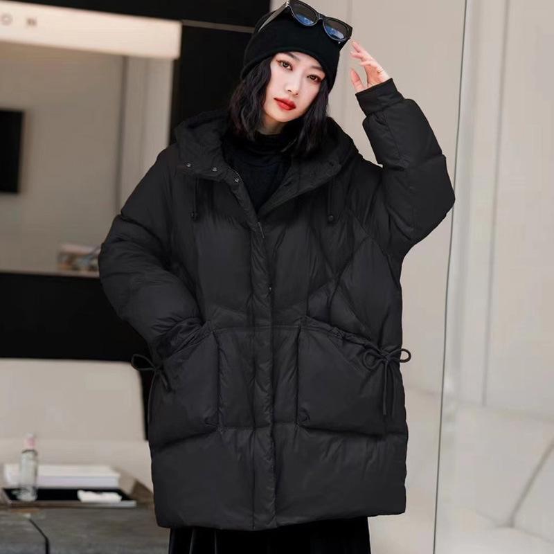 Hooded large pocket thickened medium and long down jacket women's fashion versatile white duck down large size coat winter thickened