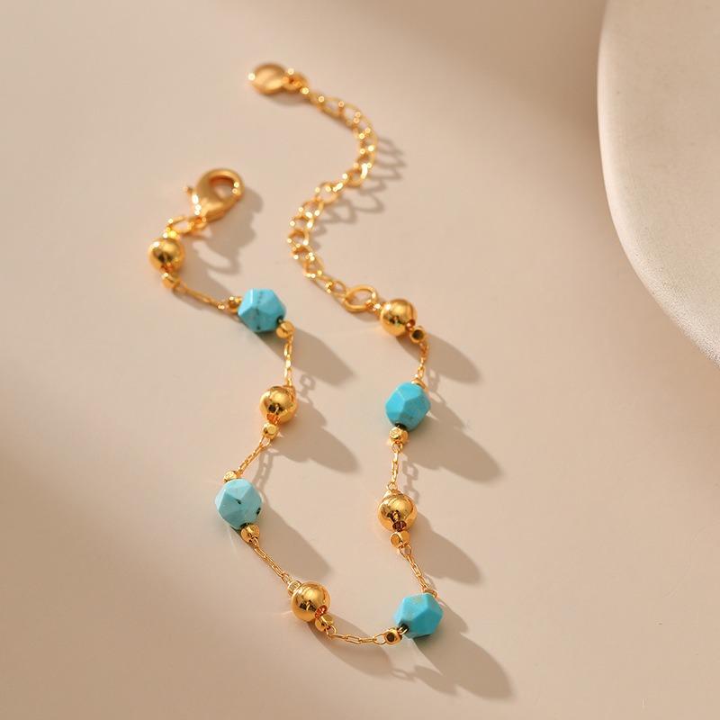 Gold Plated Faceted Turquoise Color Bead & Ball Bracelet With Extension Chain