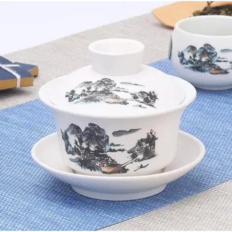 Chinese Hand Painted Kungfu Tea Set, Tureen Dehua, White Porcelain, Gaiwan, Pot Set for Travel, Fast Cup, High Quality