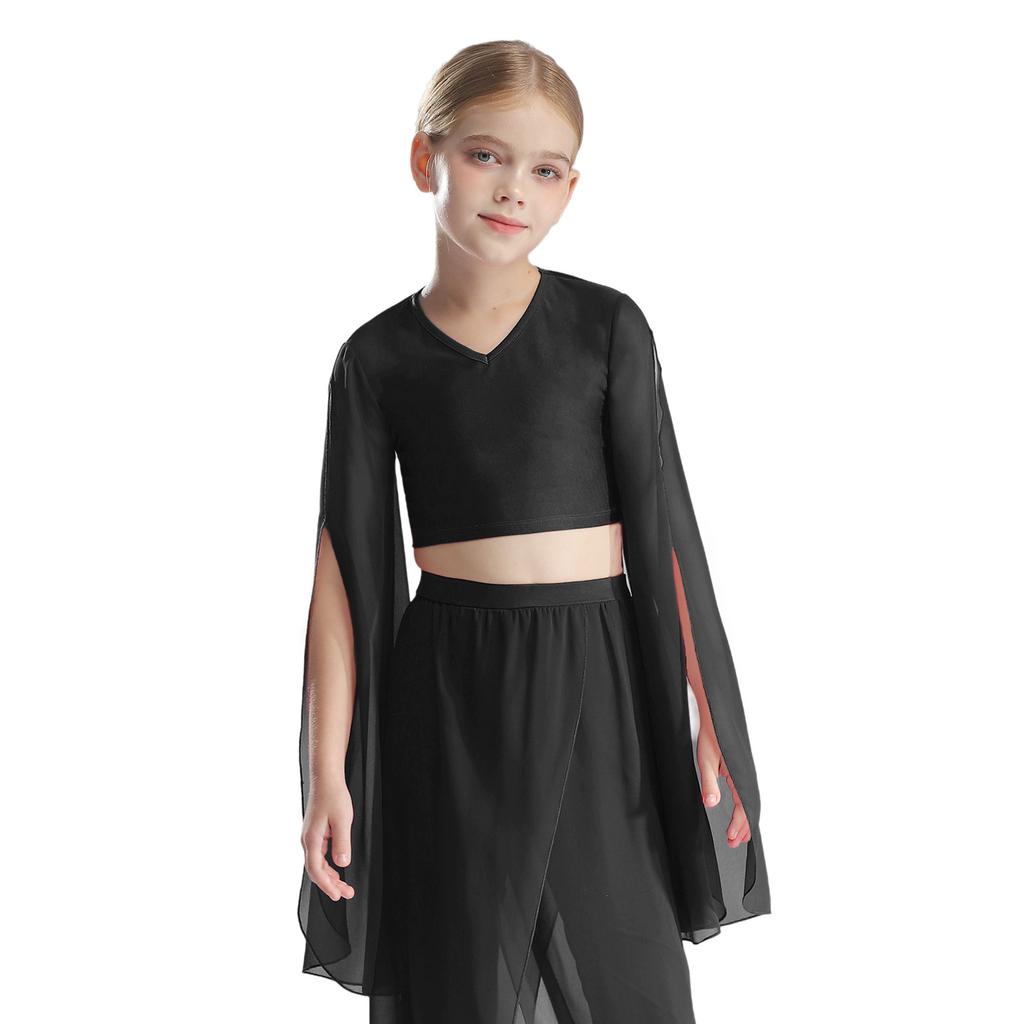 Girls Classical Dance Crop Top: V Neck Split Flared Sleeves Elegant Top for Practice Performance