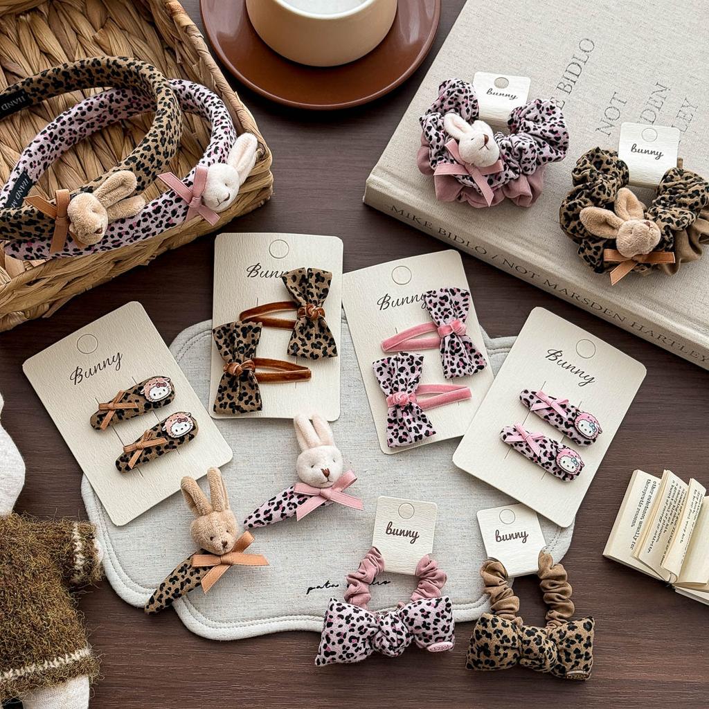 Autumn Retro Sweet Pink Coffee Leopard Pattern Bow Rabbit Hairpin Hair Ring Temperament Baby Tie Ball Head Flower Girl