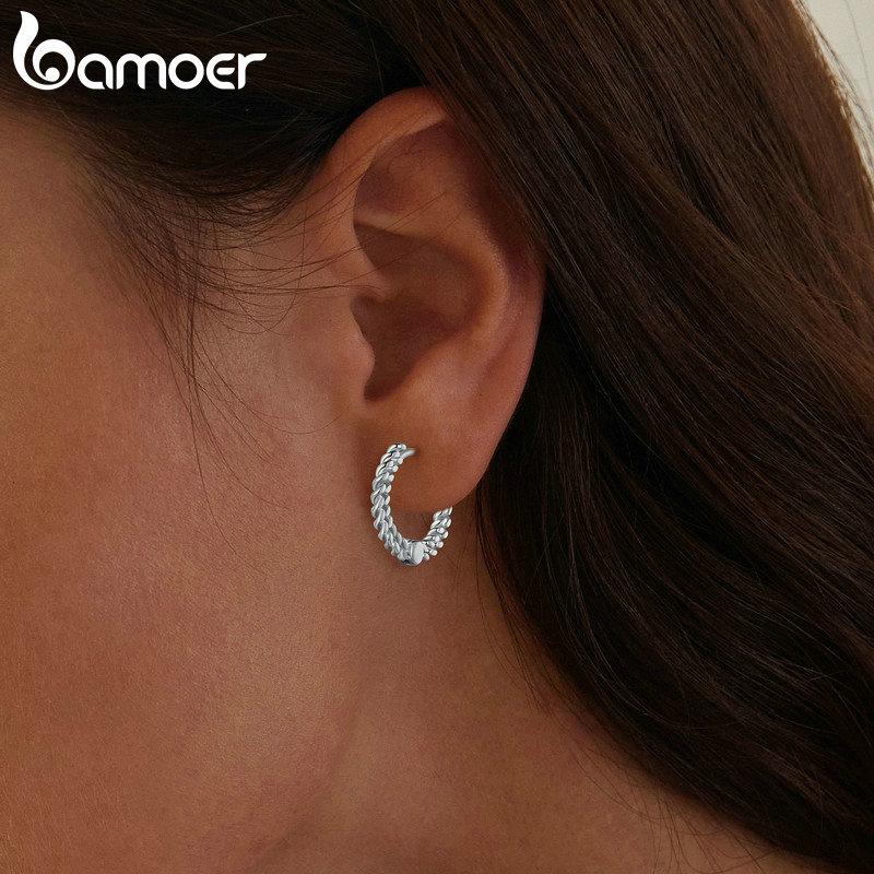 Bamoer 925 Silver Twisted Chain Ear Buckles Simple Punk Style Silver Hoop Earrings for Women Fine Jewelry