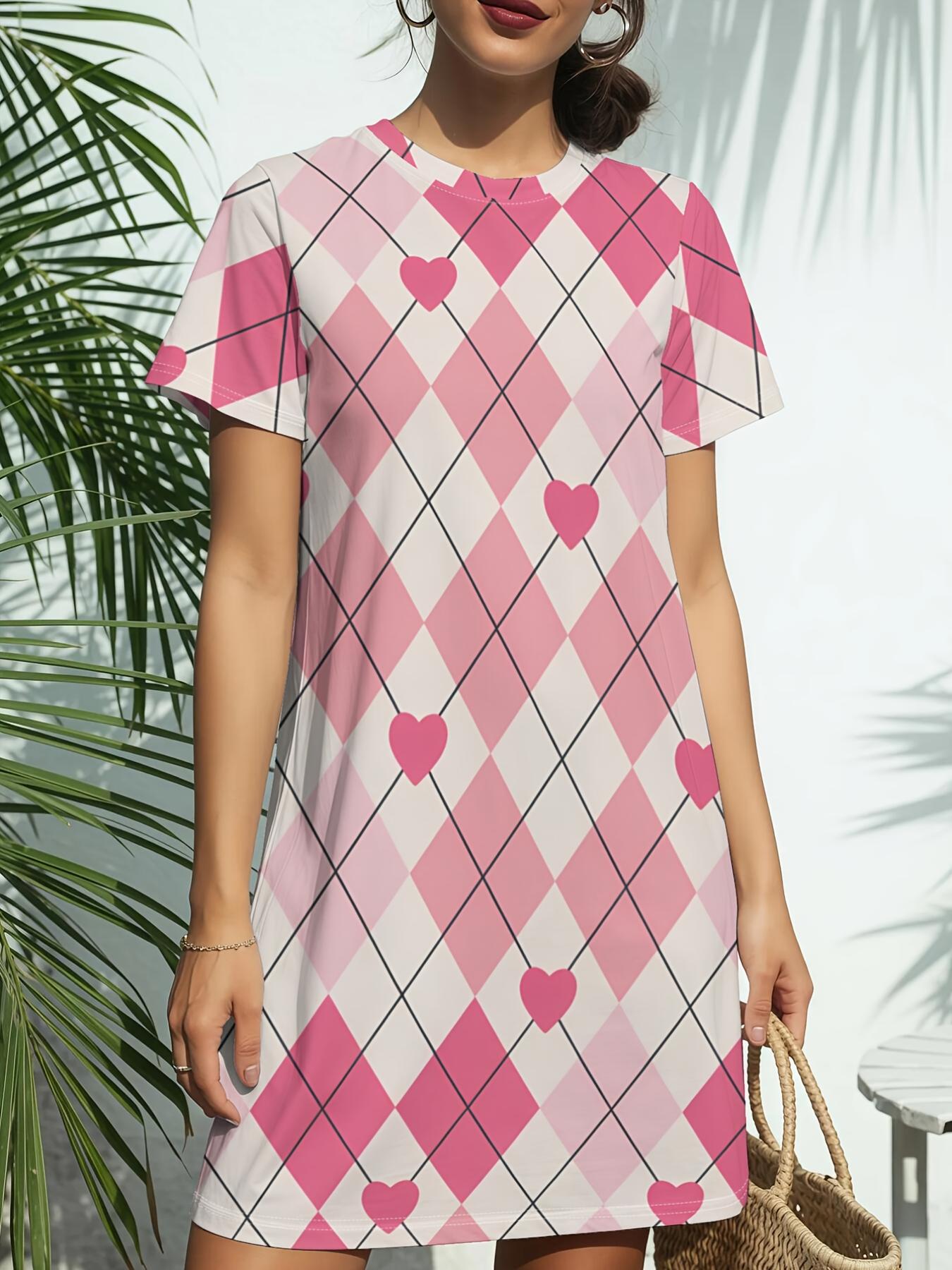 

Women s Soft Pink Argyle T-Shirt Dress - Short Sleeve Round Neck Casual Short Dress with Argyle Print. Spring Summer Blouse Dress Suitable for Daily W 5XL