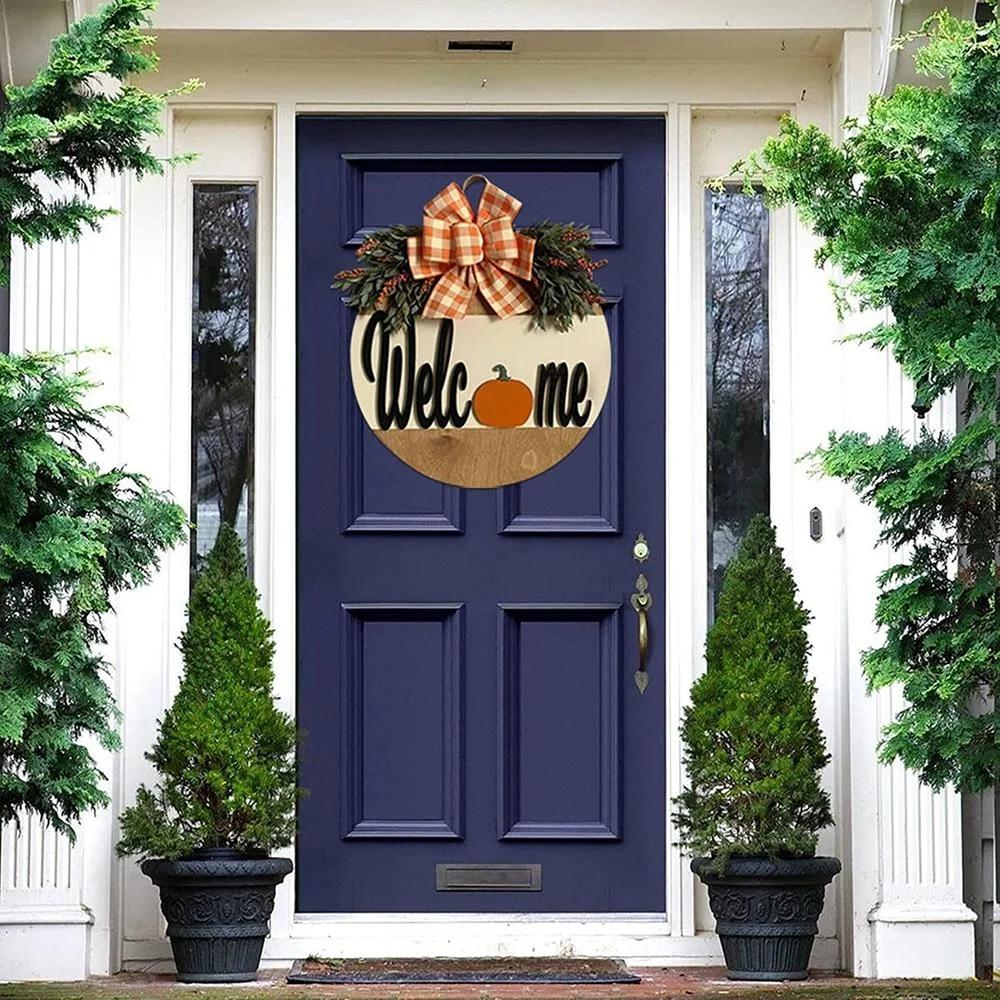 1pc Thanksgiving Welcome Door Sign Autumn Harvest Front Door Porch Decor Fall Wooden Hanging Decor For Rustic Farmhouse Welcome