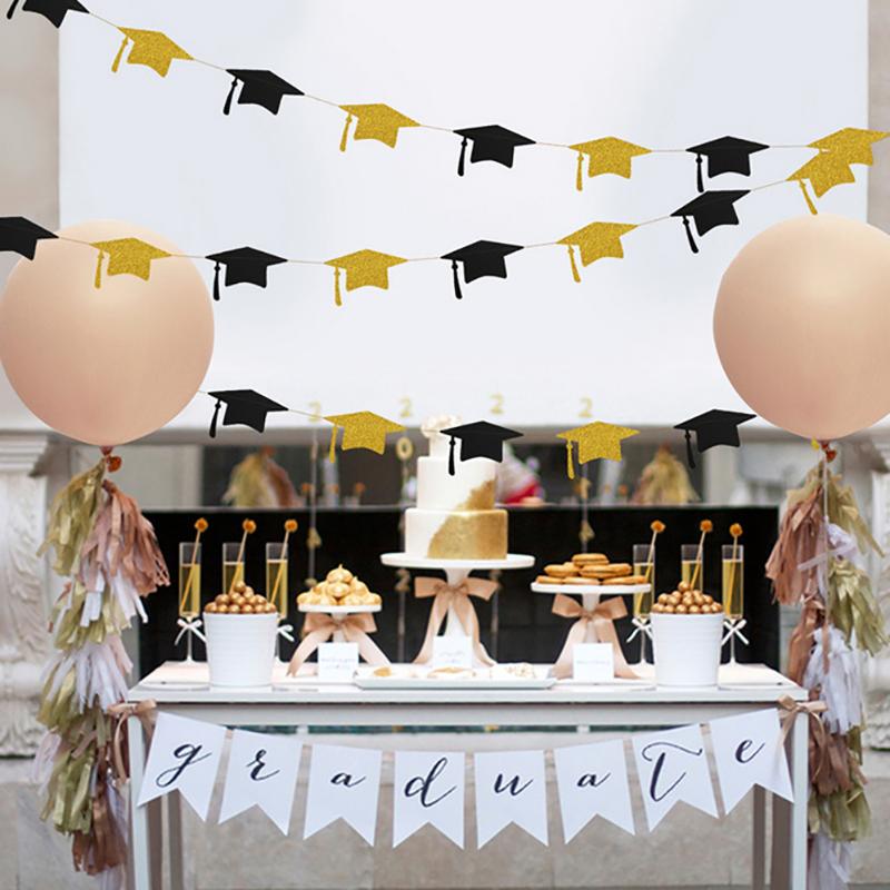 Black Gold Graduation Bachelor Hat Banner Paper Cap Garlands For School Celebrations 2023 Graduation Party Hanging Decorations