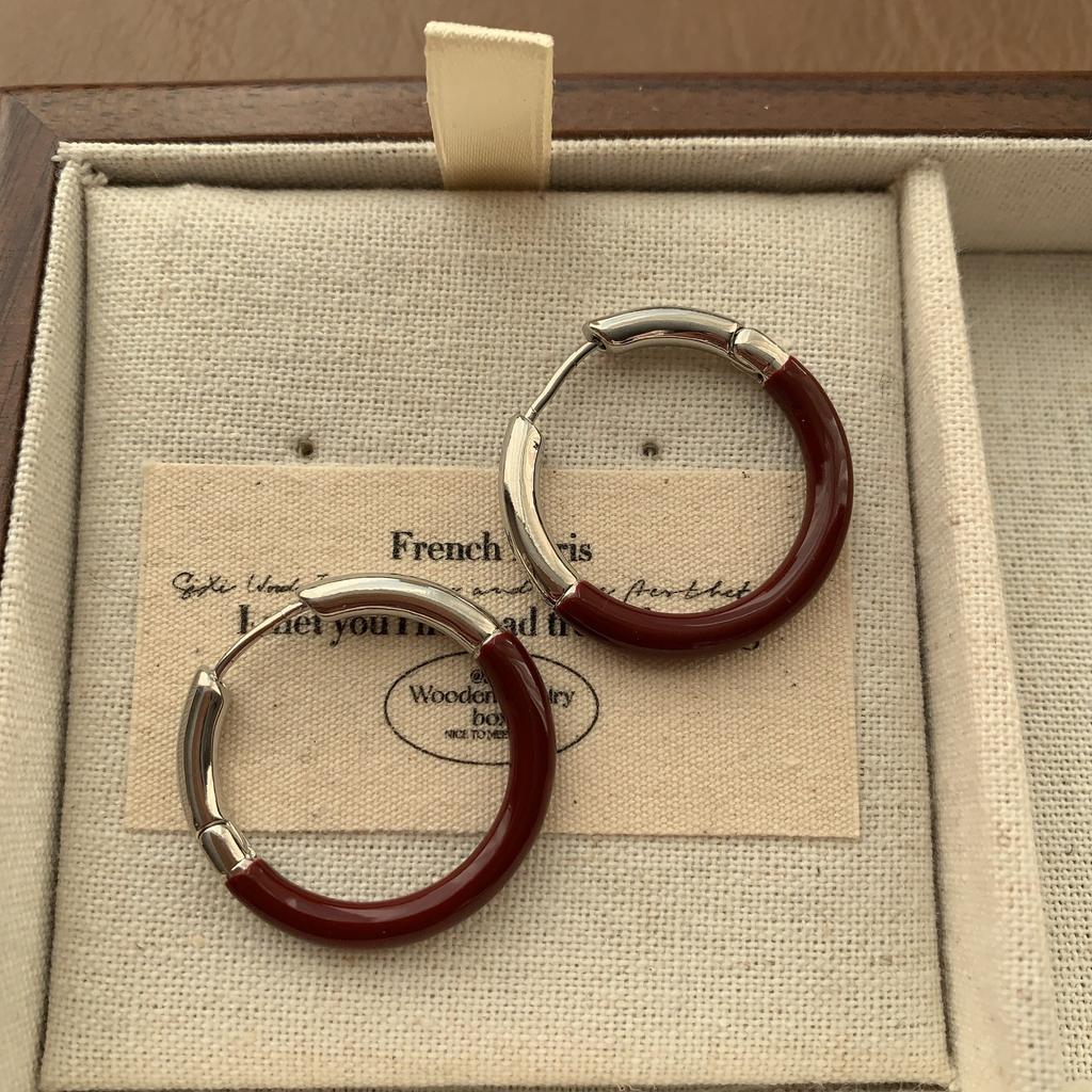 Simple Burgundy Enamel Earrings, Earrings, High-End Sense, Fashionable And Versatile, Retro Minimalist And Neat Temperament, Autumn And Winter
