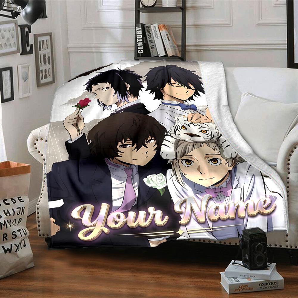 1pc Bungo Stray Dogs Blanket with Custom Name, Gift, for Men and Women, Soft Blanket, Good for Sofa Bed Couch Travel, Lightweight Flannel Blanket
