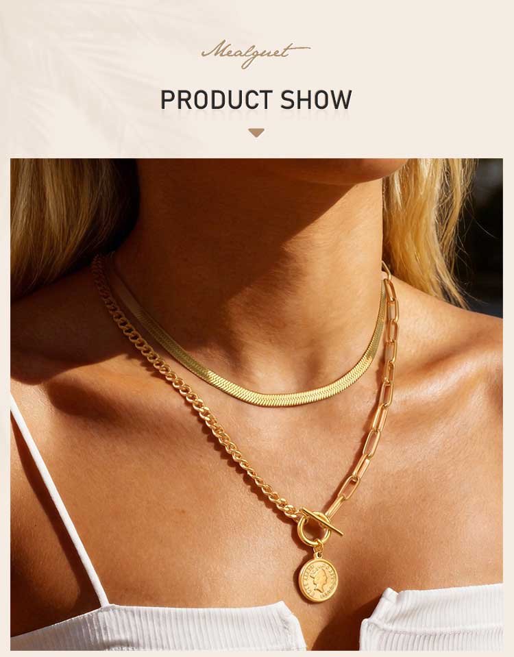 Stainless Steel Pendant Necklace for Women, Layer Herringbone Chain Heart Shape Elizabeth Coin Pendant Non-tarnish Jewelry