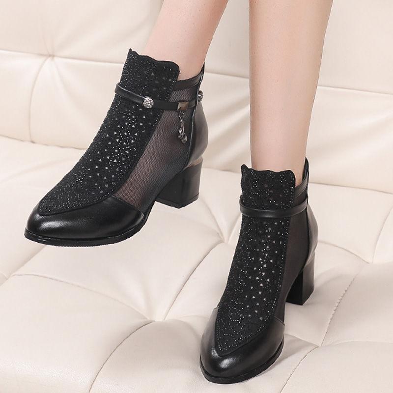 Fashion FHC New Cowhide Genuine Leather Sandals Boots,Women Mesh Shoes,Summer Heels,Pointed toe,Back Zip,Hollow Out,Dropship,Black,Beige