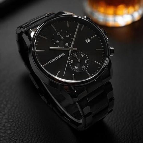 PINDOWS Mens Watch Black - Simple Stainless Steel Chronograph Business Date Display