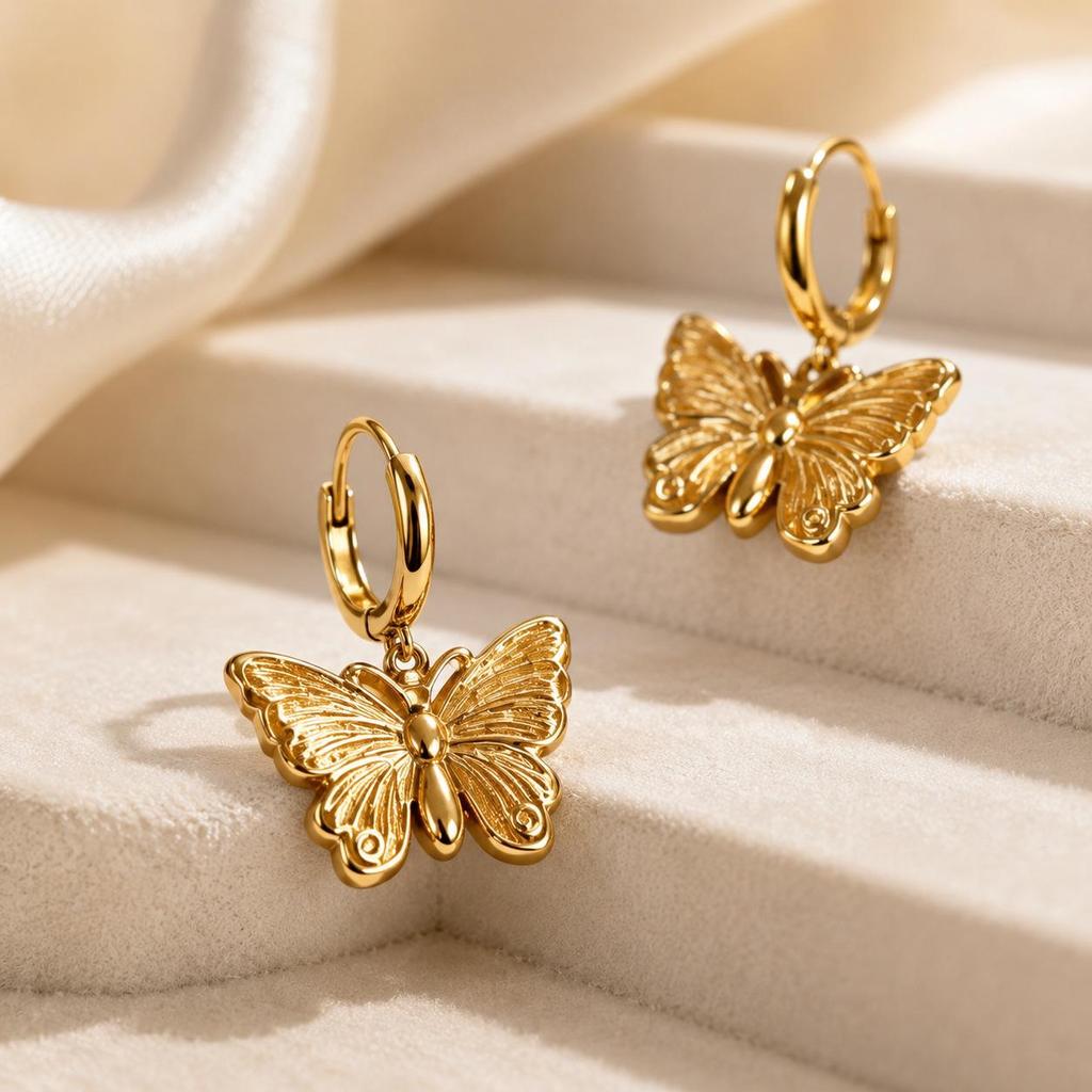 Cross New Gold Butterfly Stainless Steel Earrings – Elegant, Sweet, Versatile Dangle Studs