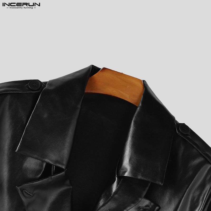 INCERUN Winter Men Long Sleeve Long PU Leather Coats Overcoat Outerwear