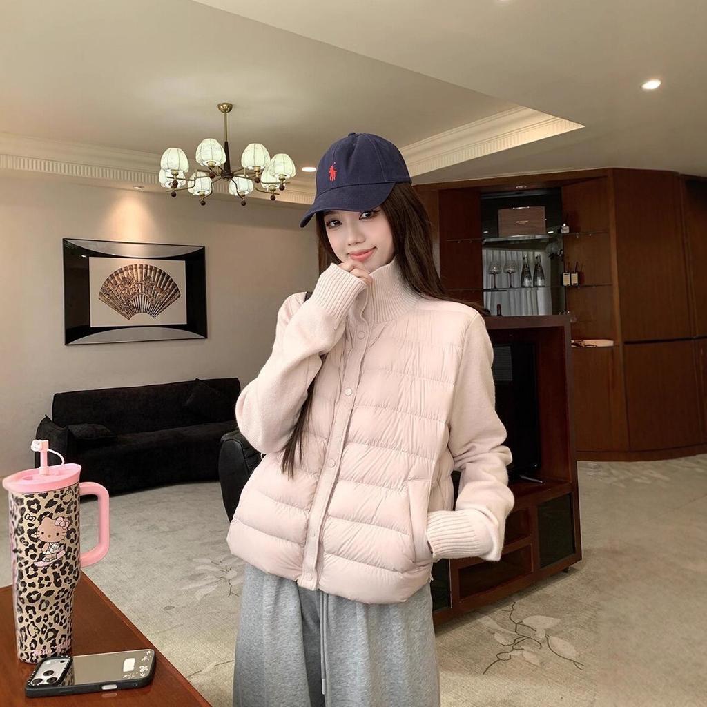 New white duck down jacket for women, short knit sleeve patchwork, high-end lightweight petite jacket