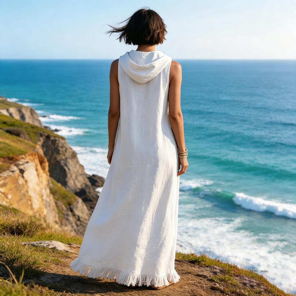 Sleeveless Hooded Maxi Dress with Fringe Hem Casual Long Dress Lightweight Loose Fit Summer Dress for Women
