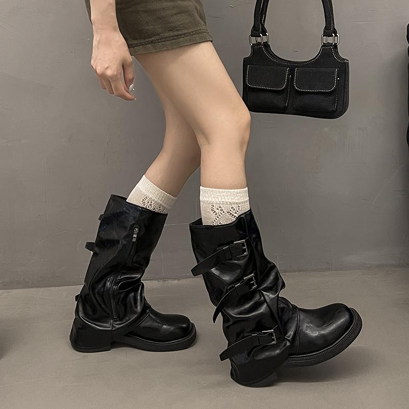 Fashion New Style Round Toe Belt Buckle Women Boots Fashion Flat Sole Mid Calf Autumn Niche Design Patent Leather Soid Women Shoes