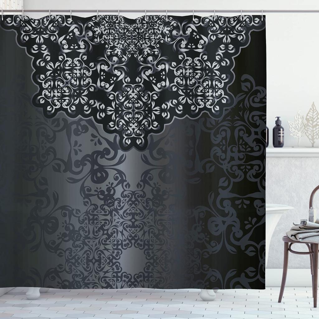 Antique Shower Curtain,Victorian Style Medieval Motifs With Classic Baroque Oriental Shapes,Cloth Fabric Bathroom Set With Hooks