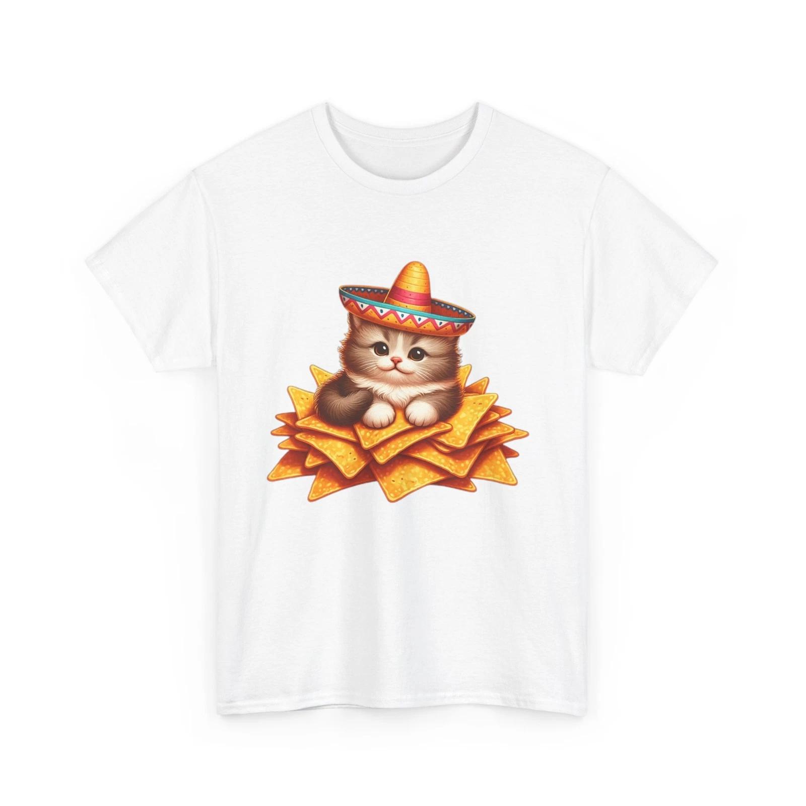 Cute Unisex Adult T Shirt Kitten Cat in Sombrero Covered in Nachos Mexican Funny L
