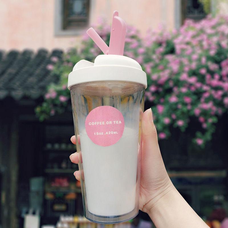 Female Ins Double-layer Straw Cup Female Student Korean Version of Plastic Water Cup Anti-fall Adult Portable Summer Casual Cup