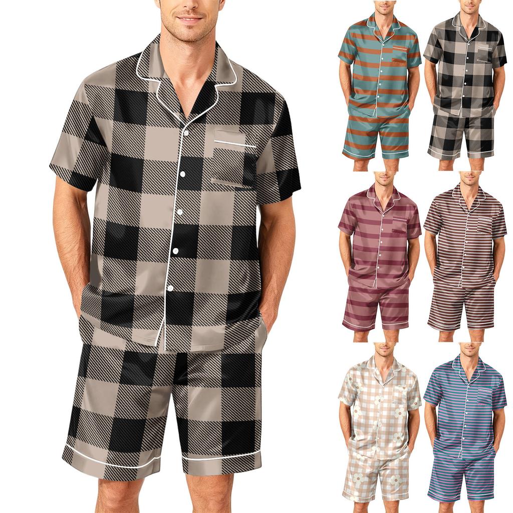 Men's Short Sleeve Pajama Set Button Down Shirt with Notched Collar and Matching Shorts Soft Casual Loungewear Sleepwear S to XXXXL