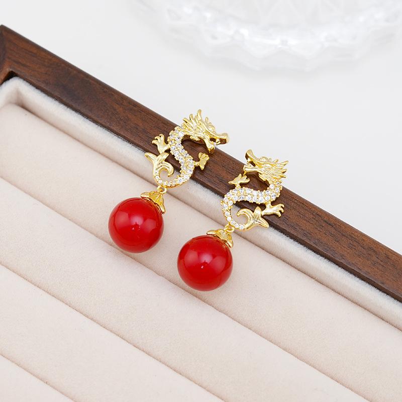 Year Of The Dragon Inlaid Zircon Pearl Earrings Chinese Style Red Earrings Chinese New Year Light Luxury High-End Earrings