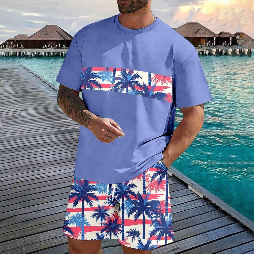 Men's Casual Two Piece Set Short Sleeve T Shirt and Elastic Waist Drawstring Shorts Summer Outfit Lightweight Comfortable Fit