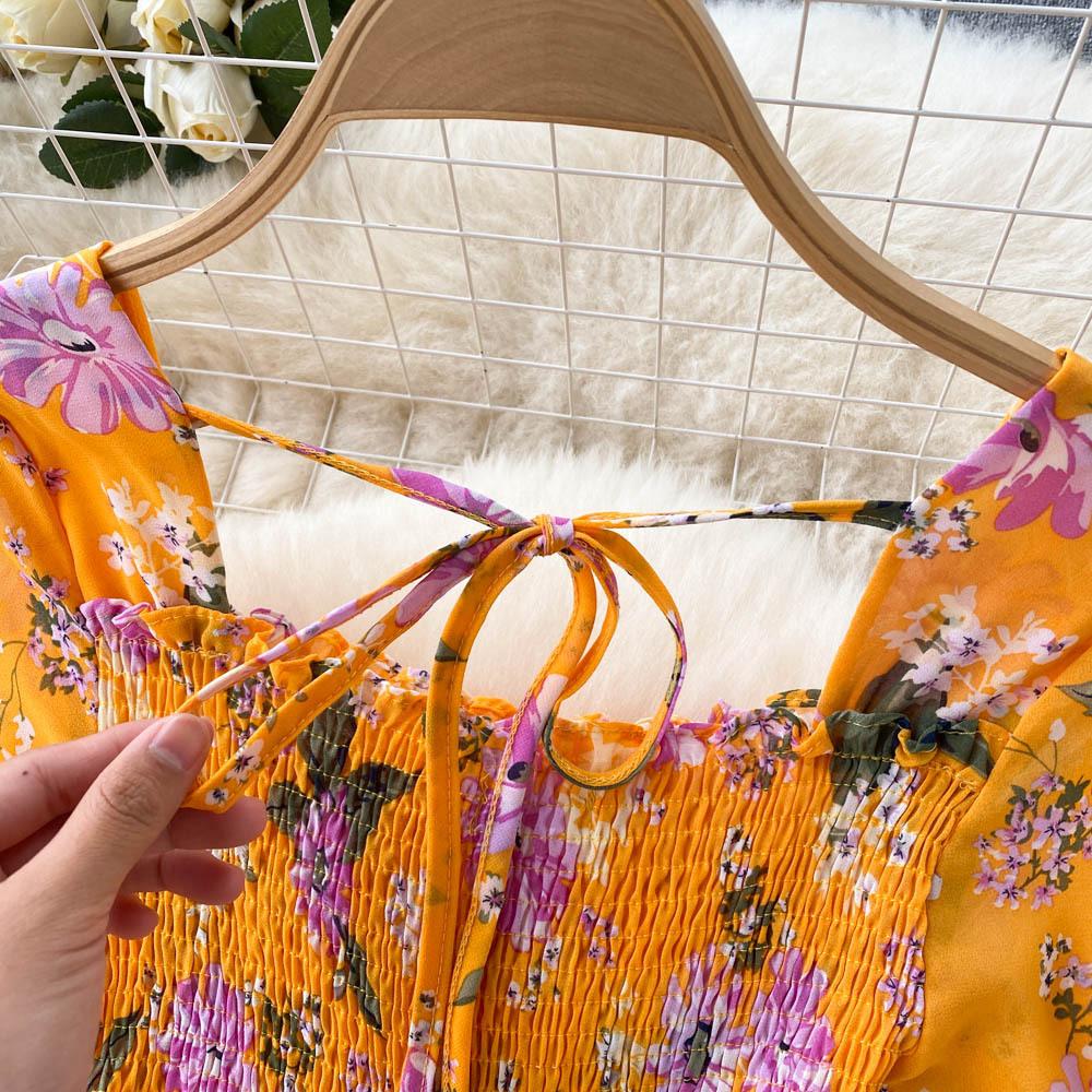 Tea Break French Vintage Dress Square Neck Flared Sleeve Tie Waist Women's Temperament Swing Long Dresses