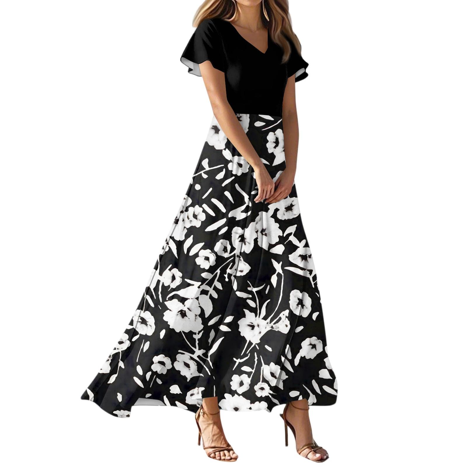 Women s Summer Casual Fashion Floral Print Dress V Neck Short Sleeve Dress L