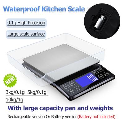 New 0.1g High Precision Kitchen Scale 3kg/5kg/10kg Household Waterproof Balance for Food Weighing with 50g Weights and Scale Pan