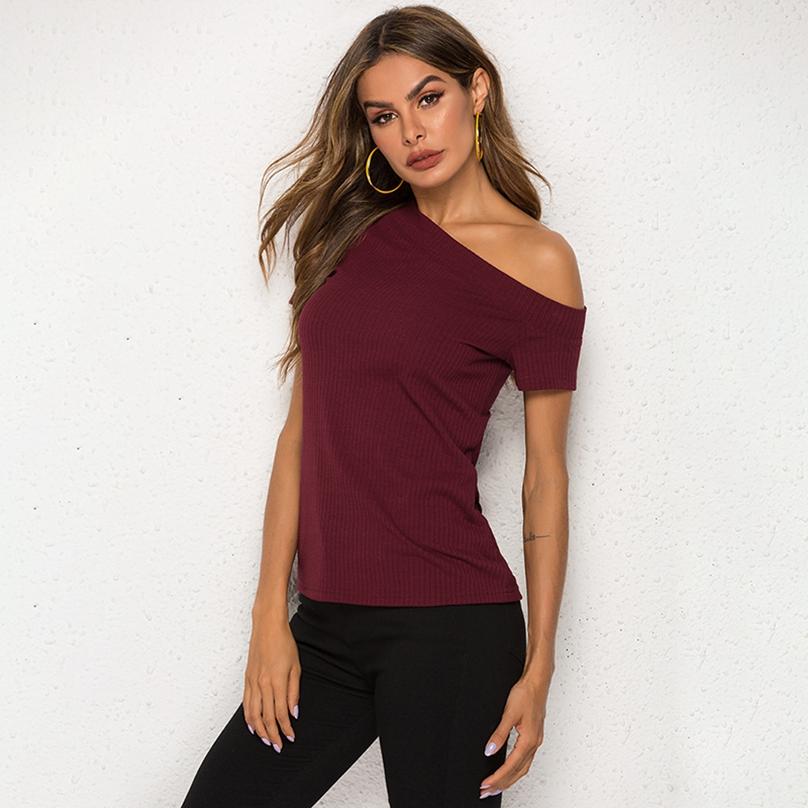 Europäischer Stil Sommer Damen Einfarbige Schrägschulter Oberteile Enges Kurzarm-T-Shirt