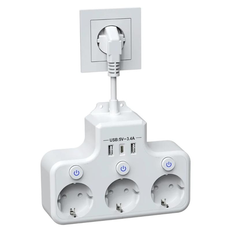 Compactly European Power Strips Electrical Outlet With 3Outlets And USB /Type C Port For Fast Charging At Homes Office